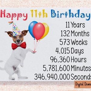 Druckbare süße 11.Geburtstagskarte, Time Count Geburtstagskarte für 11.Geburtstag, süßer Hund Geburtstagswünsche 11 Jahr