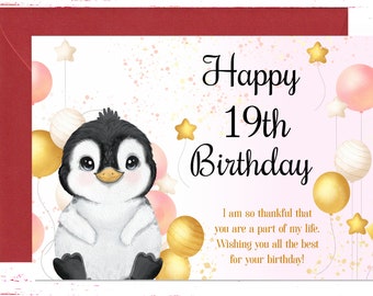 19th Birthday Card, Cute 19th Birthday Greeting Card, Funny 19 Year Birthday Card, Penguin Birthday Card, Card for Kids, For Her, For Him