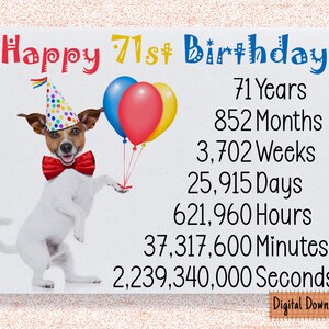Druckbare niedliche 71. Geburtstagskarte, Geburtstagskarte für 71. Geburtstag Oma, Opa, Onkel, Tante Mama, Papa niedlicher Hund Geburtstag 71 Jahre