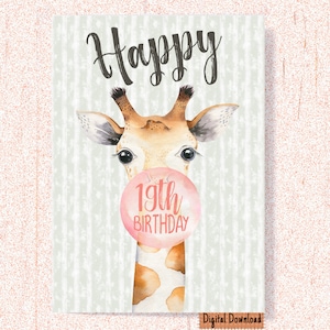 Carte d'anniversaire imprimable pour 19 ans, girafe, jolie carte pour fille, petite amie, amie, petite-fille