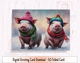 Carte de vacances imprimable, cochons d’hiver portant des foulards et des chapeaux de Père Noël, salutations numériques saisonnières de cochons à ventre en pot
