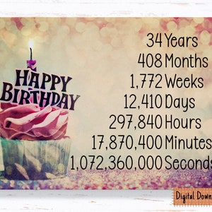 Druckbare 34. Geburtstagskarte für Sie, Time Count Geburtstagskarte zum 34. Geburtstag, süße Karte für Tochter, Freundin, Freund