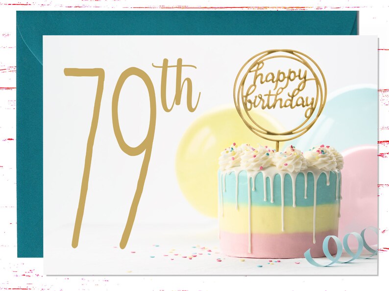 79th Birthday Card: Gold Lettering, Cake Design - Etsy