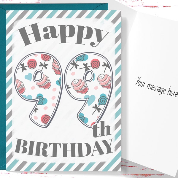 Happy 99th Birthday Card, Cute Birthday Card for 99 Year Old Birthday, Cute Card for Boys or Girls, Him or Her