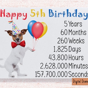 Carte d'anniversaire 5 ans mignonne à imprimer, carte d'anniversaire compte pour 5 ans, souhaits d'anniversaire chien mignon 5 ans