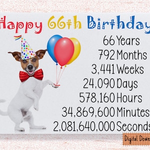 Druckbare süße 66. Geburtstagskarte, Zeitzählkarte für Oma, Opa Onkel, Tante Mama, Papa süßer Hund Geburtstag wünscht 66 Jahre