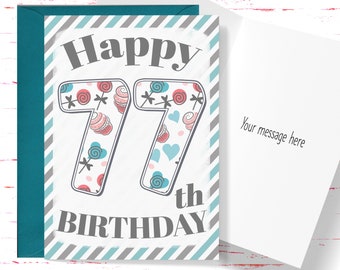 Happy 77th Birthday Card, Cute Birthday Card for 77 Year Old Birthday, Cute Card for Boys or Girls, Him or Her