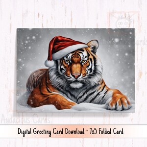 Carte de vœux imprimable Tigre, Tigre de Noël portant un bonnet de Noel, Salutations numériques Tigre saisonnier