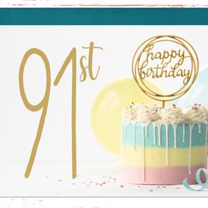 91st Birthday Card for her, Beautiful Birthday Cake Card with Gold Lettering, Grandma, Grandpa, Uncle, Aunt, Mom Dad, 91 Year Old Birthday
