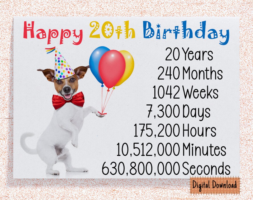 Printable Cute 20th Birthday Card, Time Count Birthday Card for 20th Birthday, Cute Dog Birthday Wishes 20 Year - Etsy