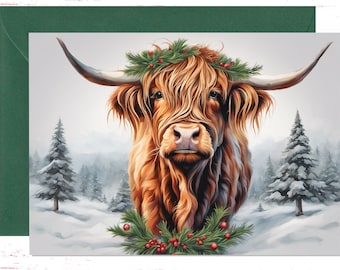Highland Cow Holiday Card, Cow Walking in the Forest Christmas Card, Highland Cows Christmas Card, Holiday Christmas Cards, Merry Christmas