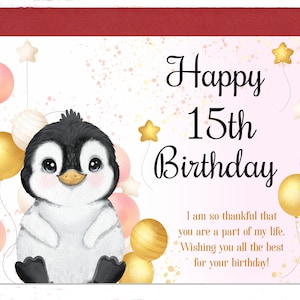 15th Birthday Card, Cute 15th Birthday Greeting Card, Funny 15 Year Birthday Card, Penguin Birthday Card, Card for Kids, For Her, For Him