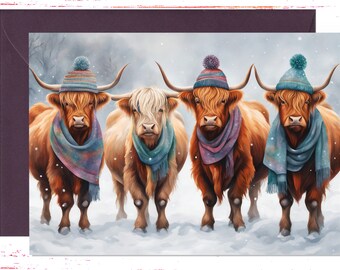 Highland Cow Christmas Card, Highland Cow Holiday Card, Winter Animal Greeting Card, Farm Animal Christmas Card, Cow Lover Gift