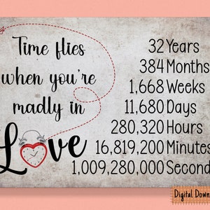 May include: A digital printable graphic with a vintage background and red heart alarm clock. The text reads "Time flies when you're madly in love" and lists the number of years, months, weeks, days, hours, minutes, and seconds in 32 years.
