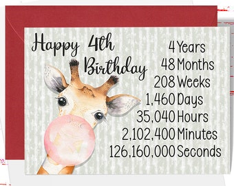 4th Birthday Card, Cute 4th Birthday Greeting Card, Funny 4th Birthday Card, Giraffe Birthday Card, Cute Card for Kids, Years, Months, Weeks