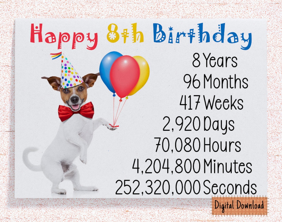 Printable Cute 8th Birthday Card, Time Count Birthday Card for 8th