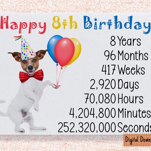 Druckbare süße 8. Geburtstagskarte, Zeitzähler Geburtstagskarte für 8. Geburtstag, süßer Hund Geburtstag wünscht 8 Jahre alt