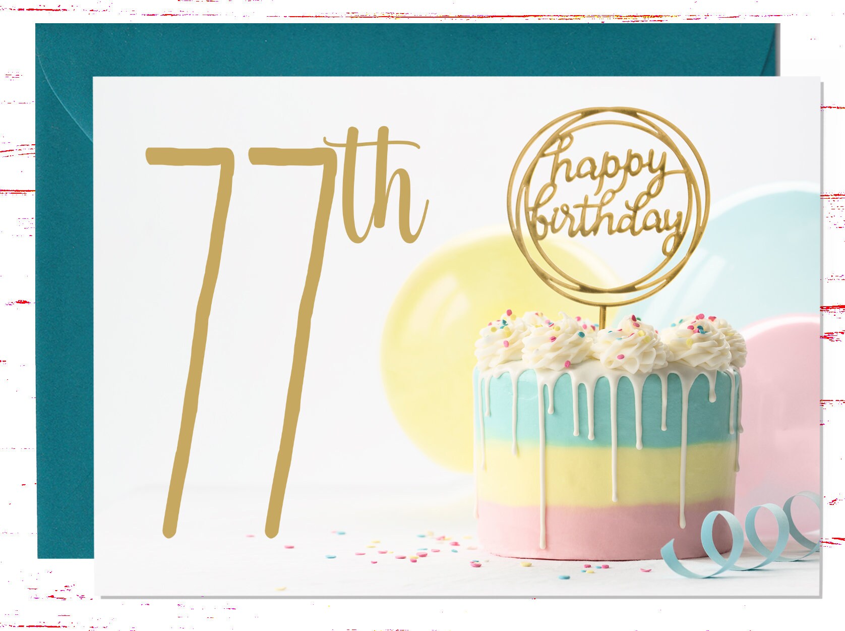 77th Birthday Card: Gold Lettering, Cake Design - Etsy