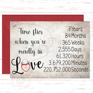 Time Flies 7th Anniversary Card, Years, Months, Weeks, Days, 7 Year Wedding Anniversary Card for Her, for Him, Couples Anniversary