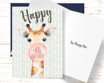 4th Birthday Card, Cute 4th Birthday Greeting Card, Funny 4th Birthday Card, Giraffe Birthday Card, Cute Card for Kids