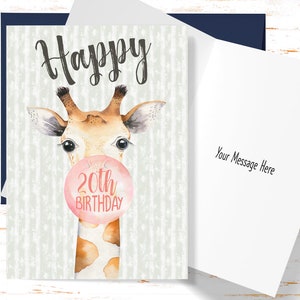 20th Birthday Card, Giraffe Birthday Card for 20th Birthday, Cute Card for Daughter, Girlfriend, Friend, Granddaughter