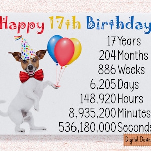 Druckbare süße 17. Geburtstagskarte, Zeitzähler Geburtstagskarte für den 17. Geburtstag, süßer Hund Geburtstag wünscht 17 Jahre