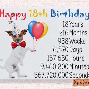 Druckbare süße 18.Geburtstagskarte, Time Count Geburtstagskarte für 18.Geburtstag, niedlicher Hund Geburtstagswünsche 18 Jahr