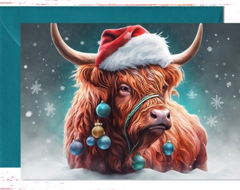 Winter Snow Highland Cow Christmas Card, Christmas Greeting Card, Highland Cow Santa Hat Christmas Card, Holiday Cards, Merry Christmas