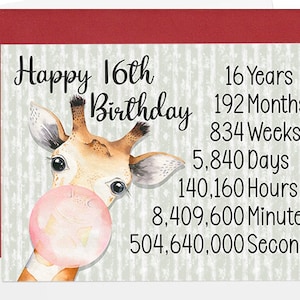 16th Birthday Card for 16th Birthday, 16 Years Months Weeks Days Birthday Card for her, Giraffe Card for Daughter, Friend, Niece Sixteen