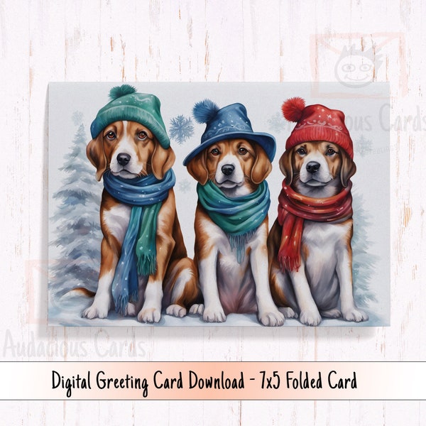 Printable Holiday Card, Winter Dogs wearing Scarves and Winter Hats, Digital Seasonal Dogs Greetings