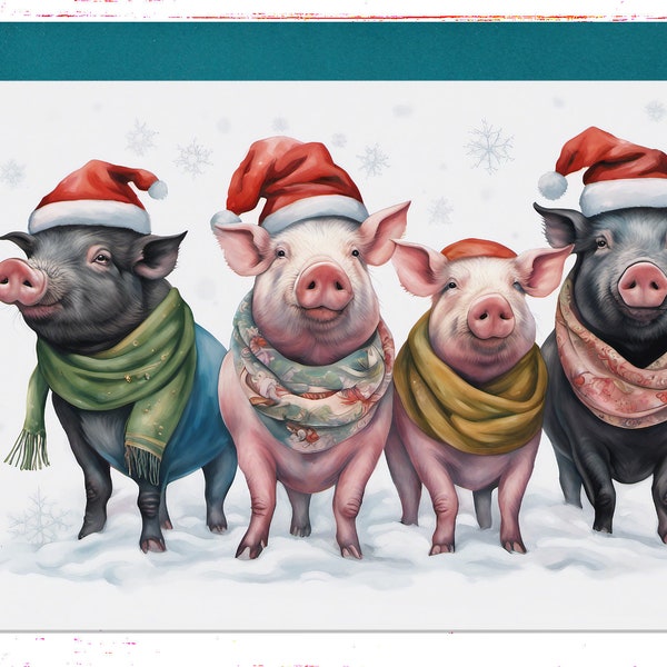 Cute Pigs Seasonal Card, Animal Greeting Card, Holiday Christmas Cards, Pot Bellied Pigs Winter Time Card