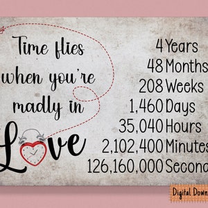 Tarjeta imprimible del 4º aniversario para parejas, regalo del 4º aniversario, tarjeta del cuarto aniversario, para marido para esposa, tarjeta de aniversario Time Flies