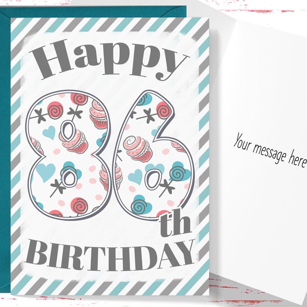 Happy 86th Birthday Card, Cute Birthday Card for 86 Year Old Birthday, Cute Card for Boys or Girls, Him or Her