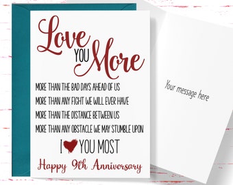 9th Wedding Anniversary Card, Love You More 9 Year Anniversary Card, Ninth Anniversary Card , For Husband, For Wife