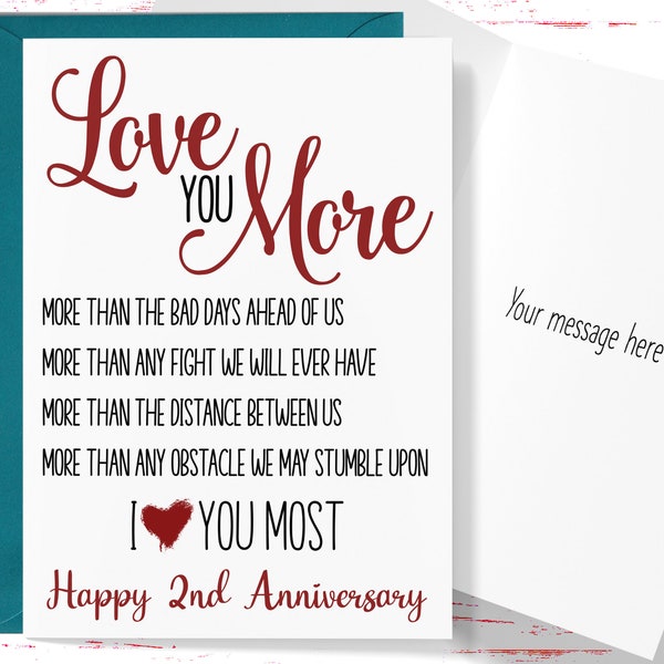 2nd Wedding Anniversary Card, Love You More 2 Year Anniversary Card, Second Anniversary Card , For Husband, For Wife