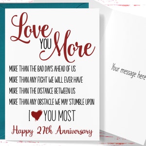 27th Anniversary Card, Love You More 27 Year Anniversary Card, Twenty Seventh Anniversary Card, For Husband, For Wife