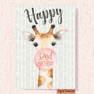 Druckbare 32.Geburtstagskarte, Giraffe Geburtstagskarte für 32.Geburtstag, süße Karte für Tochter, Freundin, Freund, zweiunddreißigster Geburtstag