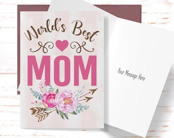 Mother's Day Card World's Best Mom, Greeting Card for Mother's Day, Mom Birthday Card, Card for Mom From Daughter or Son
