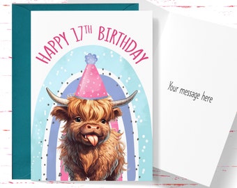 Highland Cow 17th Birthday Card, Cute Seventeenth Birthday Card, 17 Year Old Cute Card for Kids, Niece, Nephew Happy 17th Birthday Card