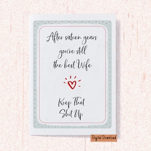 Tarjeta imprimible del 16º aniversario para ella, tarjeta del 16º aniversario para la esposa, tarjeta de felicitación del 16º aniversario, regalo del 16º aniversario para la esposa