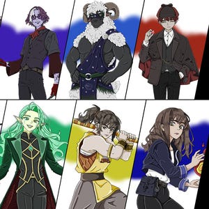 Può includere: Illustrazione digitale con otto personaggi stilizzati con design unici. I personaggi sono ambientati su sfondi colorati, mostrando una varietà di abiti e accessori. L'opera d'arte ha un'estetica fantasy o anime.