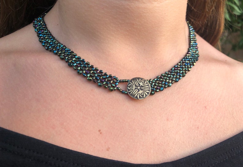 Reversible beadwork shops necklace with unique button closure, Woven beaded necklace, Gift for her, Bridesmaid gift