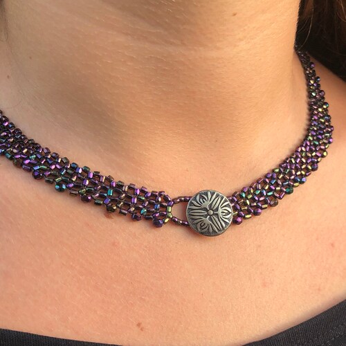 Reversible beadwork shops necklace with unique button closure, Woven beaded necklace, Gift for her, Bridesmaid gift