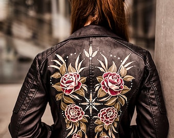 Hand Painted Vegan Leather Jacket, Bridal Leather Jacket, Bridesmaid Jacket, Custom Leather Jacket