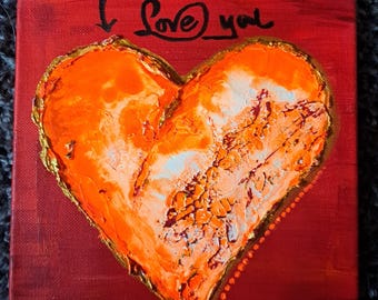 Heart, hand-painted heart picture with acrylic paints on small canvas with graffiti lettering