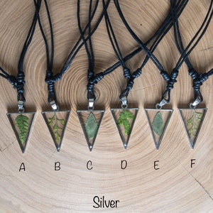 Pressed Fern Resin Necklace: Triangle Terrarium Pendant, Adjustable Hemp Cord