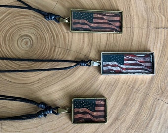 American Flag Necklace: Vintage Patriotic Pendant, Adjustable Hemp Cord