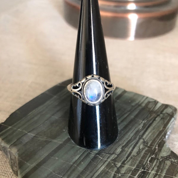 Rainbow Moonstone Sterling Silver Ring, Blue Fire Moonstone Ring, 925 Sterling Silver Ring, Adjustable Gemstone Ring, Moonstone Crystal Ring