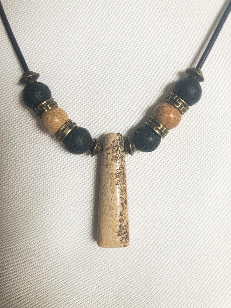 Leather Cord Lava Beads Handmade Jasper Beads Jasper Natural Stone Necklace
