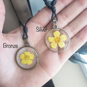 Pressed Buttercup Resin Necklace: Real Flower Pendant, Adjustable Hemp Cord